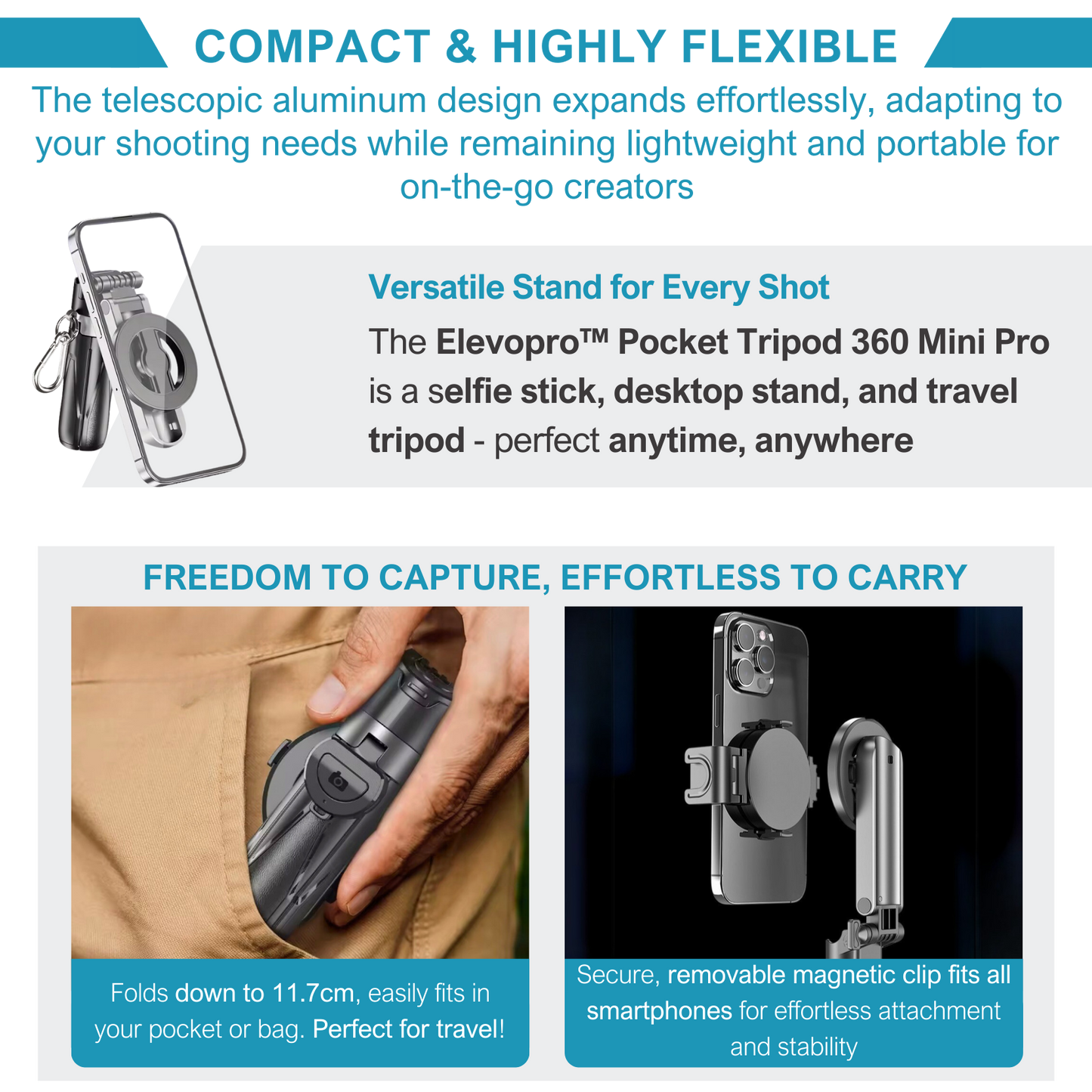 Elevopro™ Pocket Tripod 360 Mini Pro - Works with All Smartphones